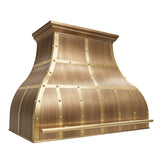 prime custom antique brass kitchen range hood with polished brass straps and rivets for luxury kitchen designs