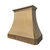 refine curved brass range hood with brushed brass and stylish apron pattern slope view