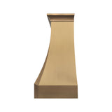 refine curved brass range hood with brushed brass and stylish apron pattern side view