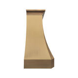 refine curved brass range hood with brushed brass and stylish apron pattern side view