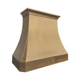 refine curved brass range hood with brushed brass and stylish apron pattern slope view