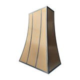 brass range hood featuring three vertical stainless steel decorative panels, designed specifically for luxury farmhouse-style kitchens