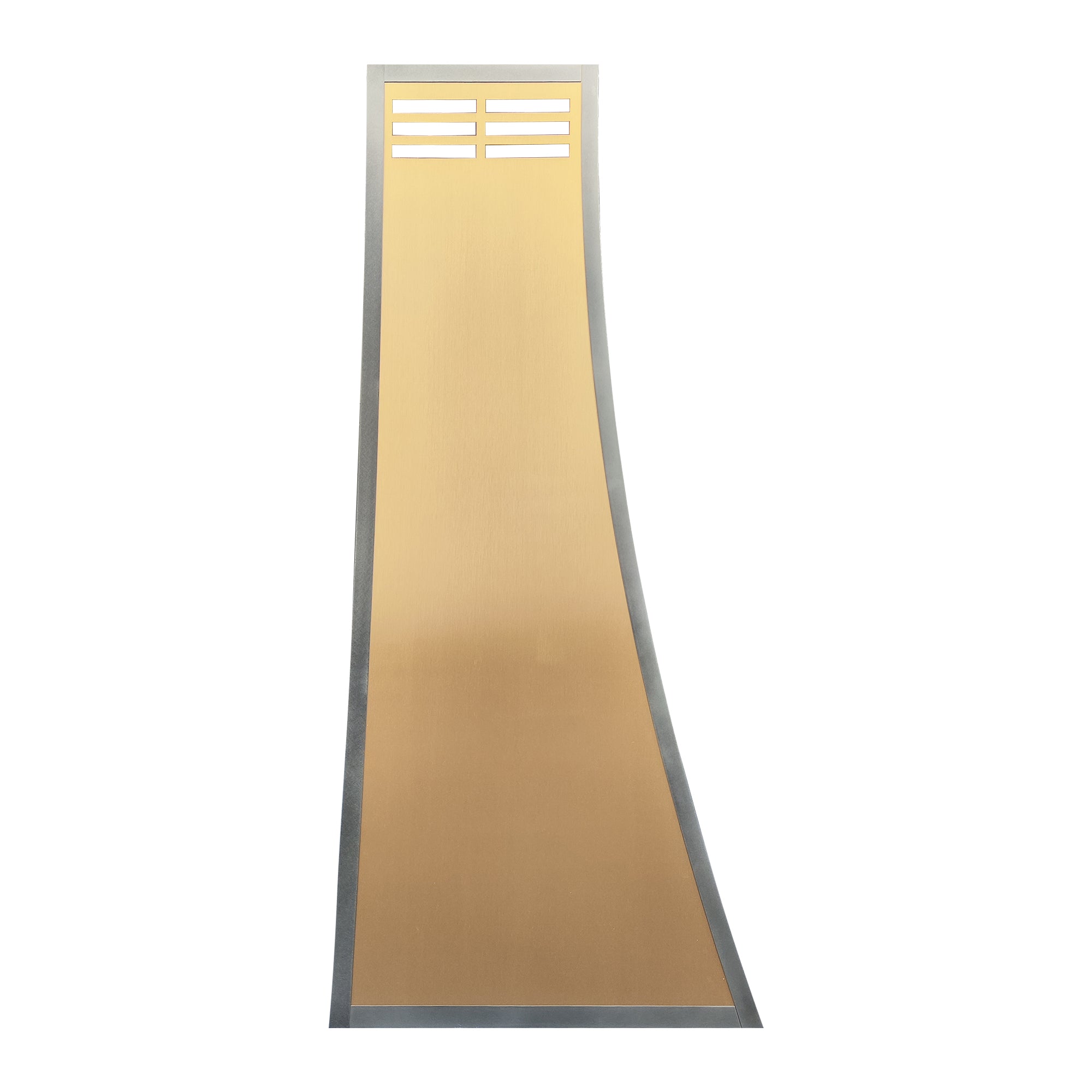 brass range hood featuring three vertical stainless steel decorative panels, designed specifically for luxury farmhouse-style kitchens side view