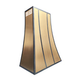 brass range hood featuring three vertical stainless steel decorative panels, designed specifically for luxury farmhouse-style kitchens