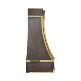 Prime handcrafted copper kitchen hood featuring curved canopy and modern farmhouse style side view
