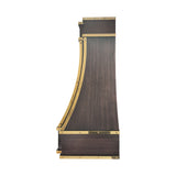 Prime handcrafted copper kitchen hood featuring curved canopy and modern farmhouse style side view
