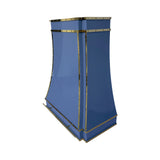 prime custom blue painted modern stainless steel kitchen range hood with polished brass trim slope view