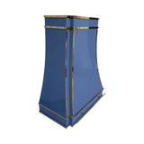 prime custom blue painted modern stainless steel kitchen range hood with polished brass trim slope view
