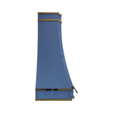 prime custom blue painted modern stainless steel kitchen range hood with polished brass trim detailed side view