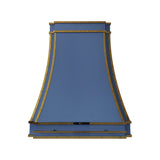 prime custom blue painted modern stainless steel range hood with brass trim front view