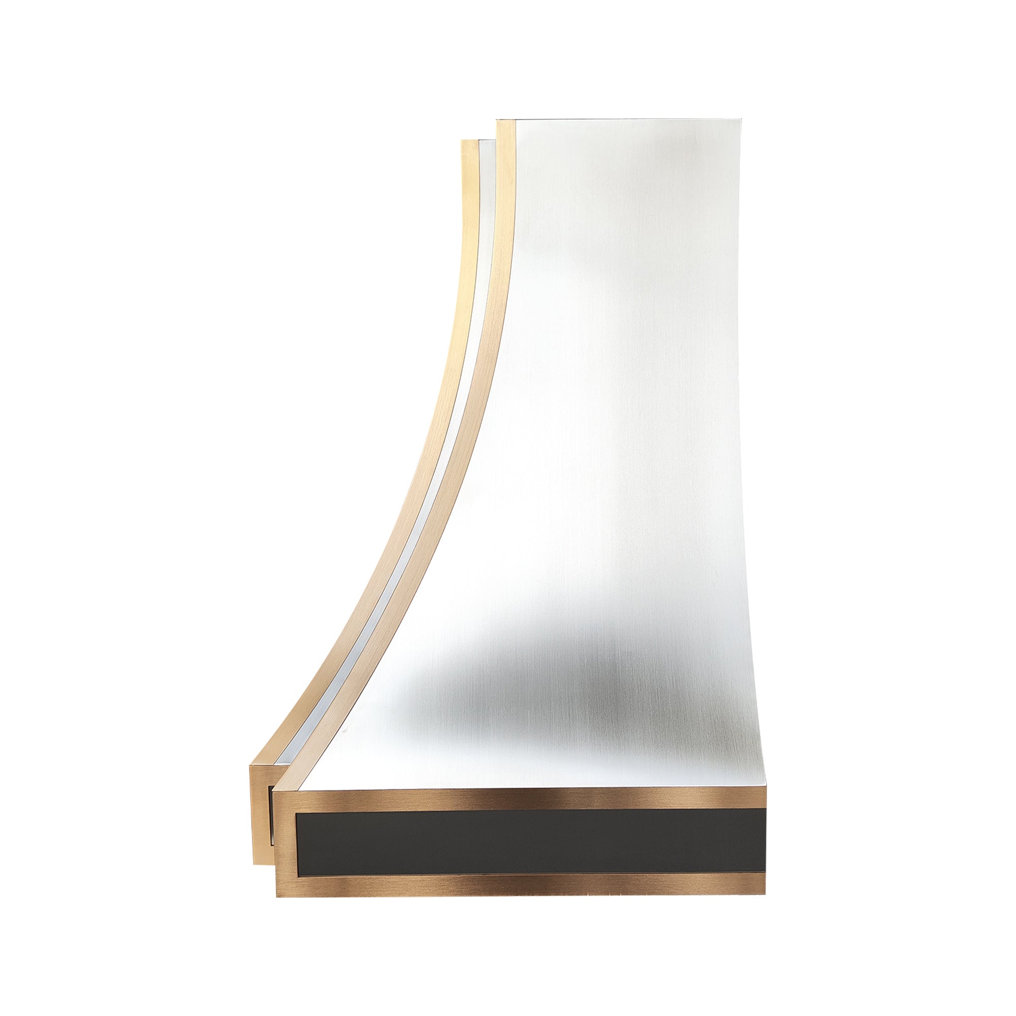 close-up view of stainless steel range hood with curved brass-trimmed edges