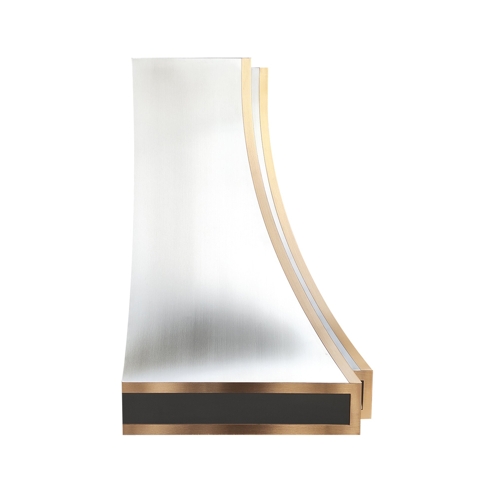 side view of stainless steel range hood with curved brass-trimmed edges