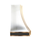 side view of stainless steel range hood with curved brass-trimmed edges