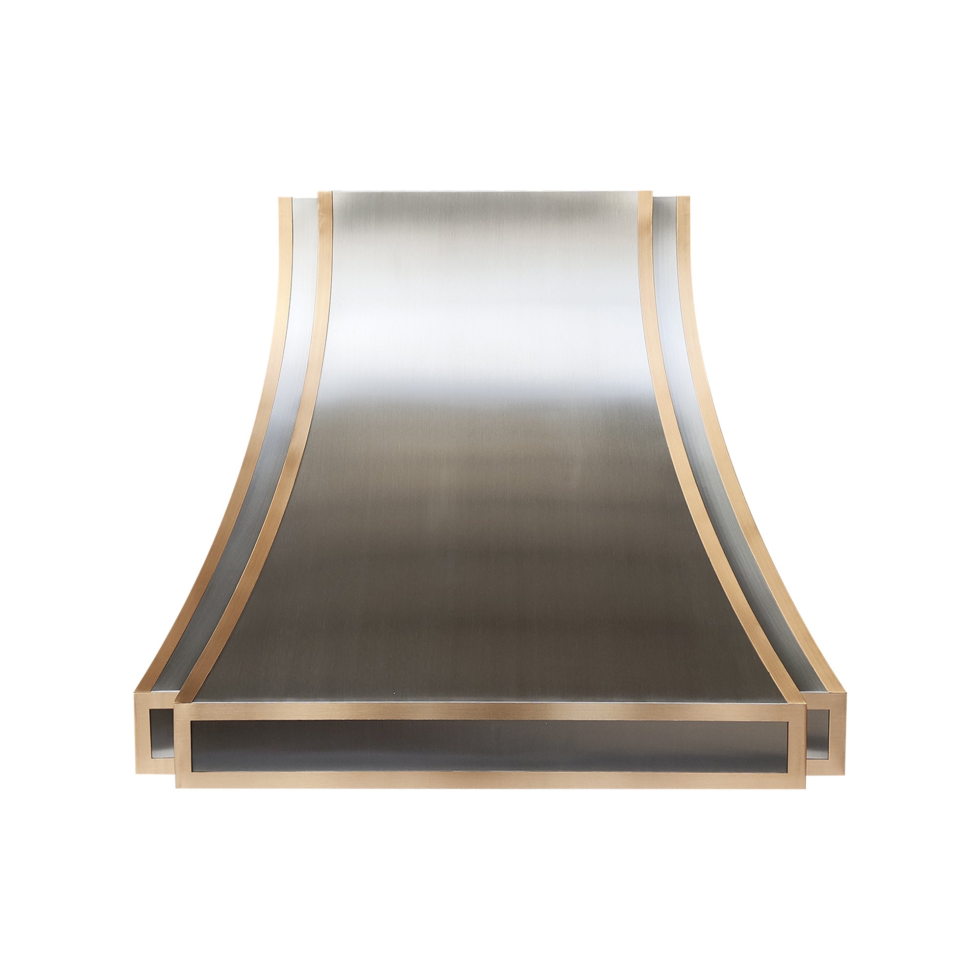 full front view of handcrafted stainless steel range hood with curved design and integrated brass detailing
