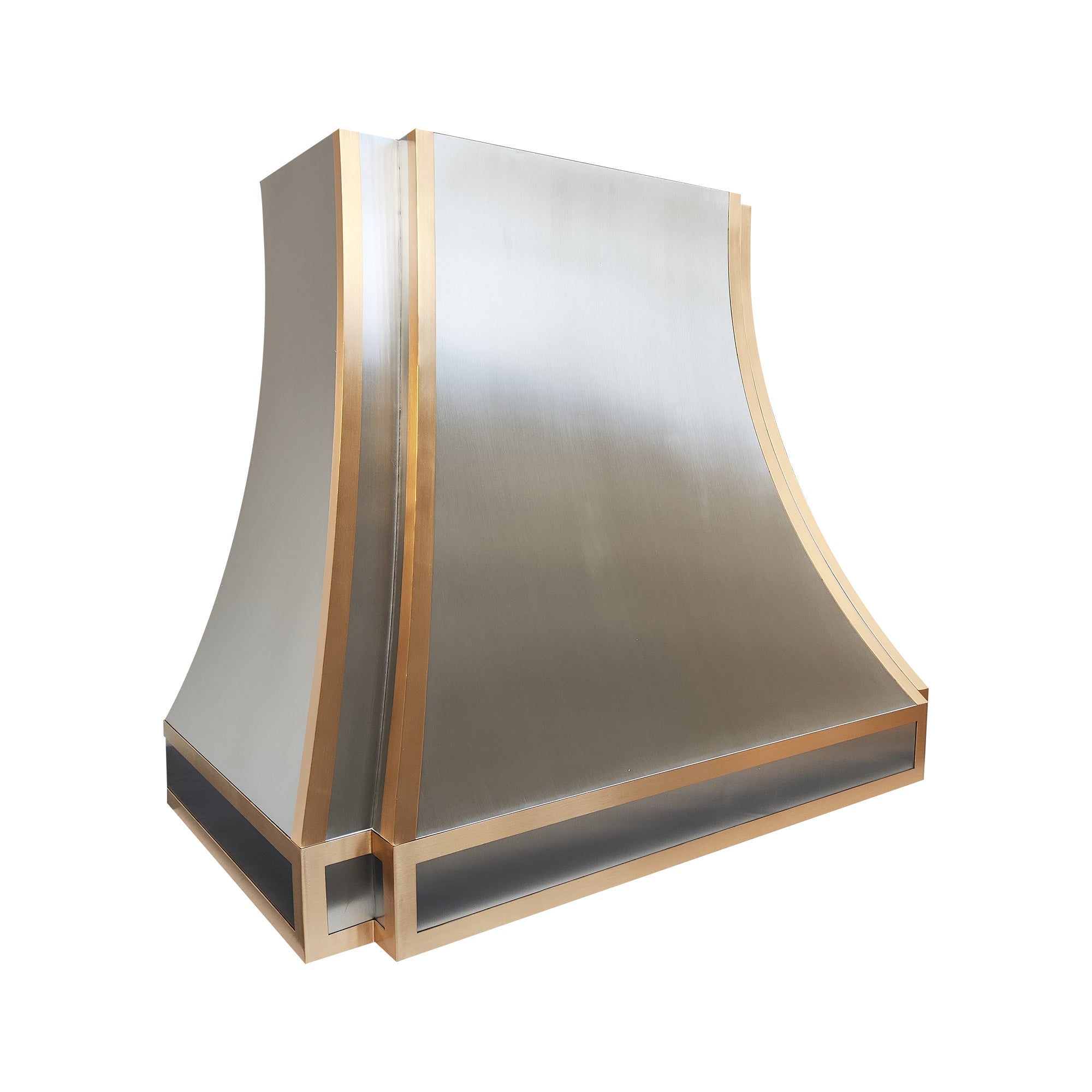 detailed angle showing polished brass accents and brushed stainless steel surface of modern kitchen range hood