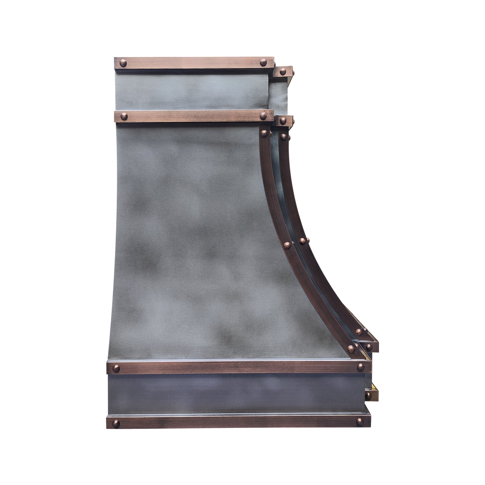 modern zinc range hood with copper straps and rivets side view