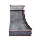 modern zinc range hood with copper straps and rivets side view
