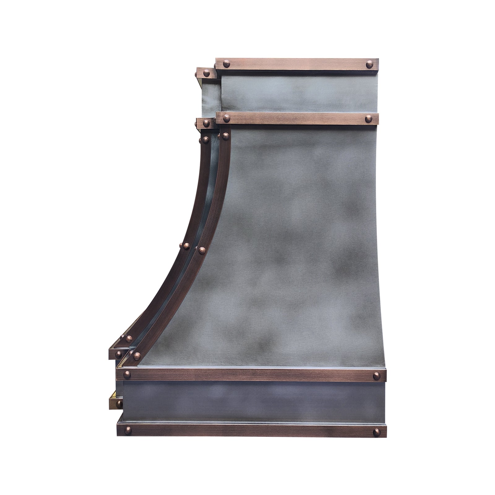 modern zinc range hood with copper straps and rivets side view