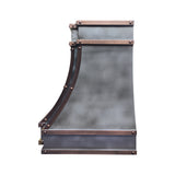 modern zinc range hood with copper straps and rivets side view