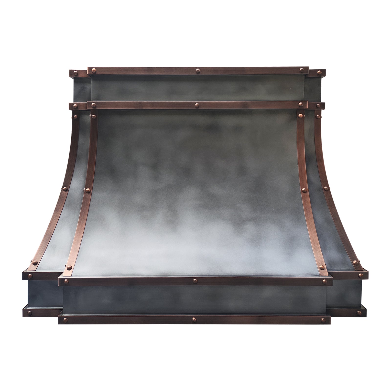 zinc range hood with copper accents in a modern design front view