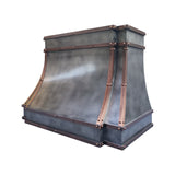 modern zinc range hood with copper straps and rivets 
