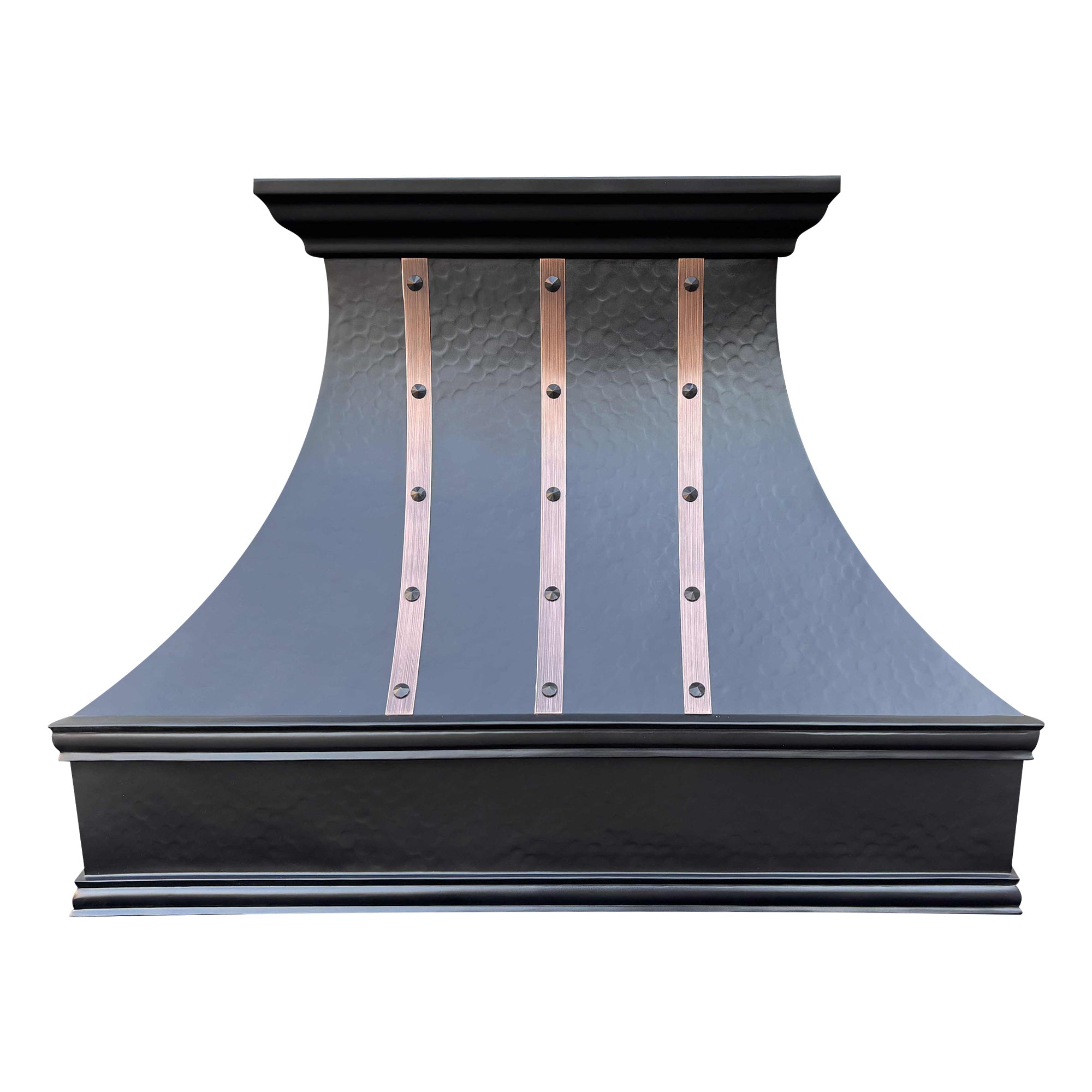 dark copper range hood with hammered texture and rivets,brushed copper straps front view