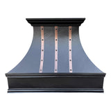 dark copper range hood with hammered texture and rivets,brushed copper straps front view
