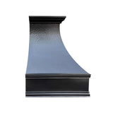 hand hammered dark copper vent hood with brushed copper straps and hammered rivets