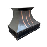 hand hammered dark copper range hood with brushed copper straps and hammered rivets