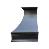 hand hammered dark copper stove hood with brushed copper straps and hammered rivets