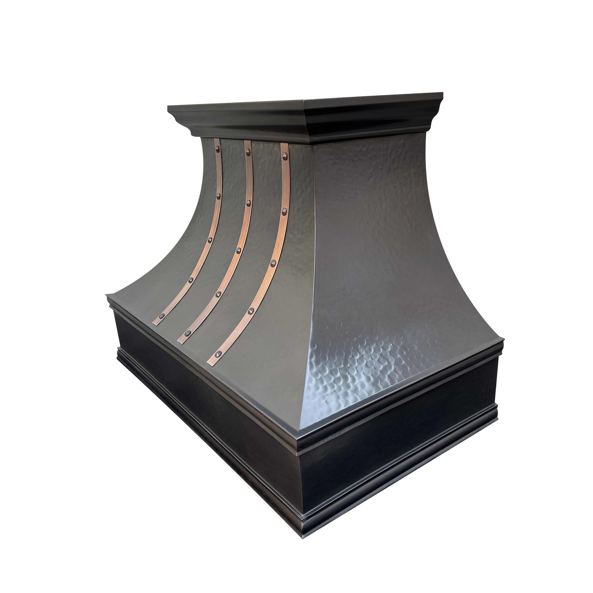 hand hammered dark copper kitchen hood with brushed copper straps and hammered rivets