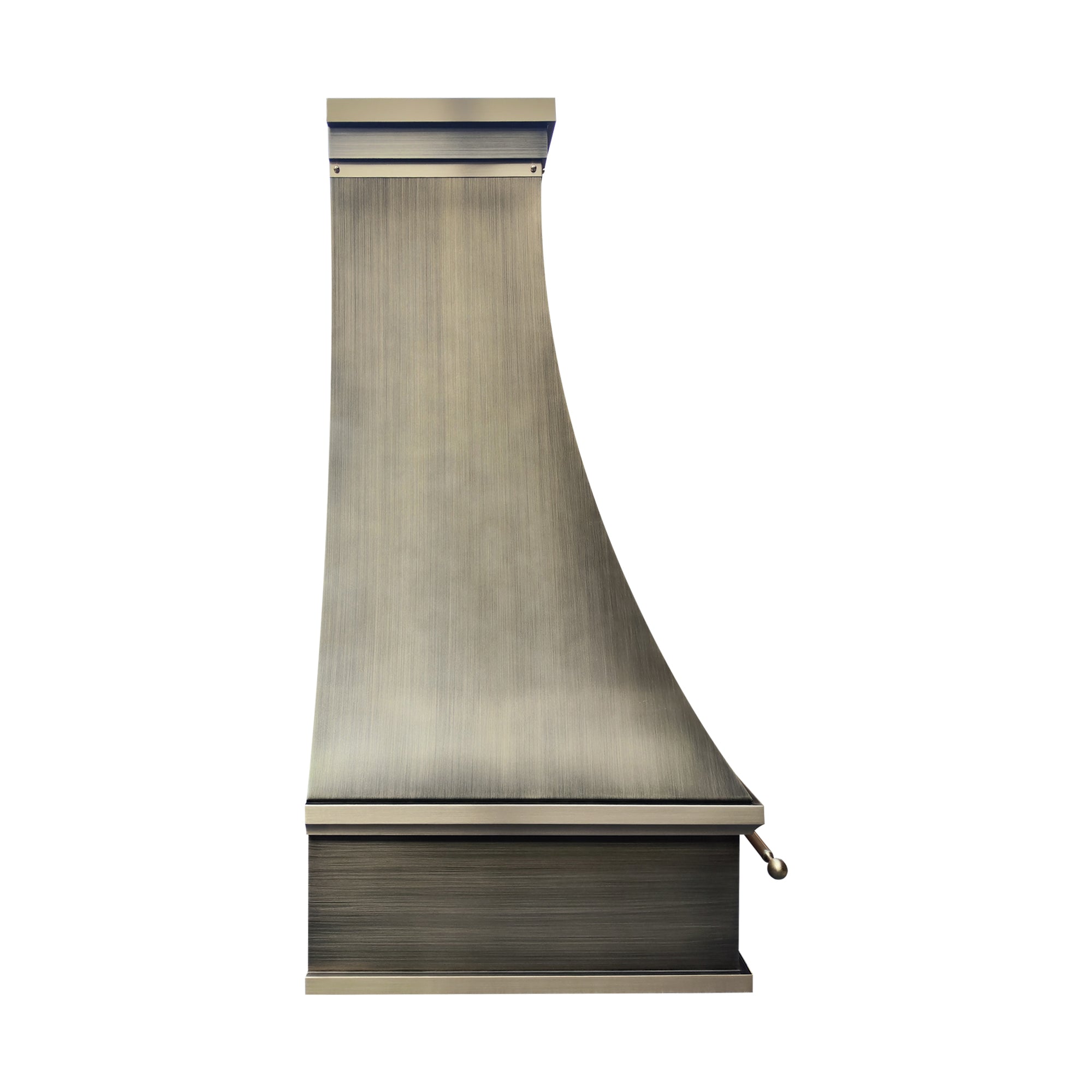 refine curved brass range hood with pot rail side view