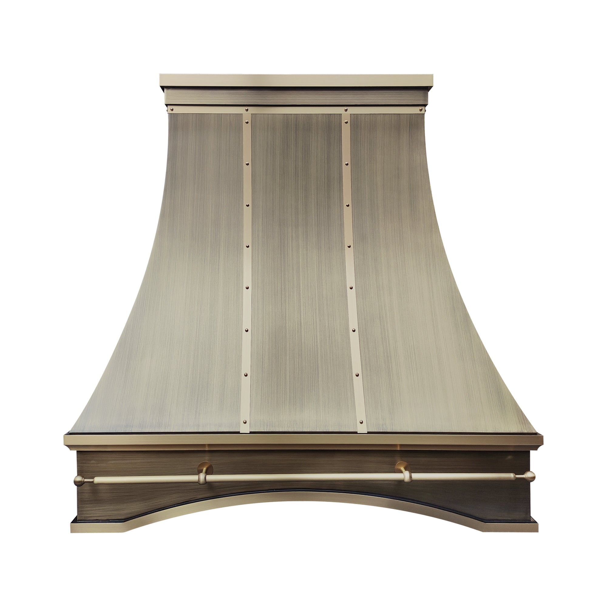 brass range hood with brushed finish and pot rail