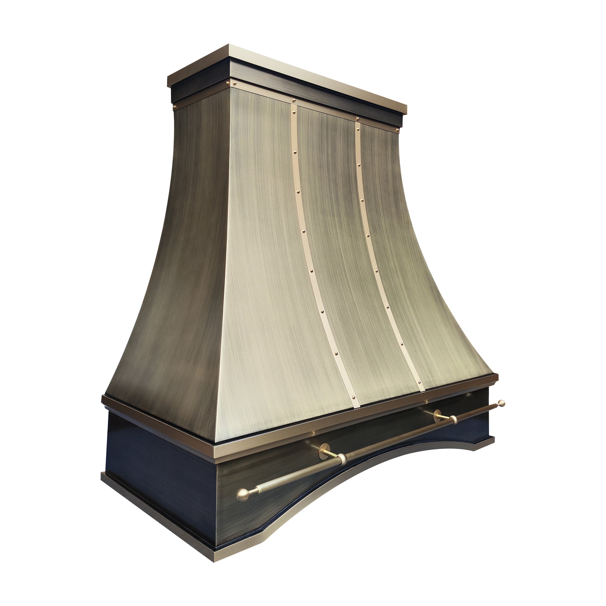 brushed brass range hood with straps and arch