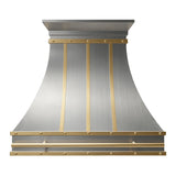 Custom stainless steel range hood with an elegant curved design, gold accent trim, and handcrafted details for a luxury modern kitchen front view