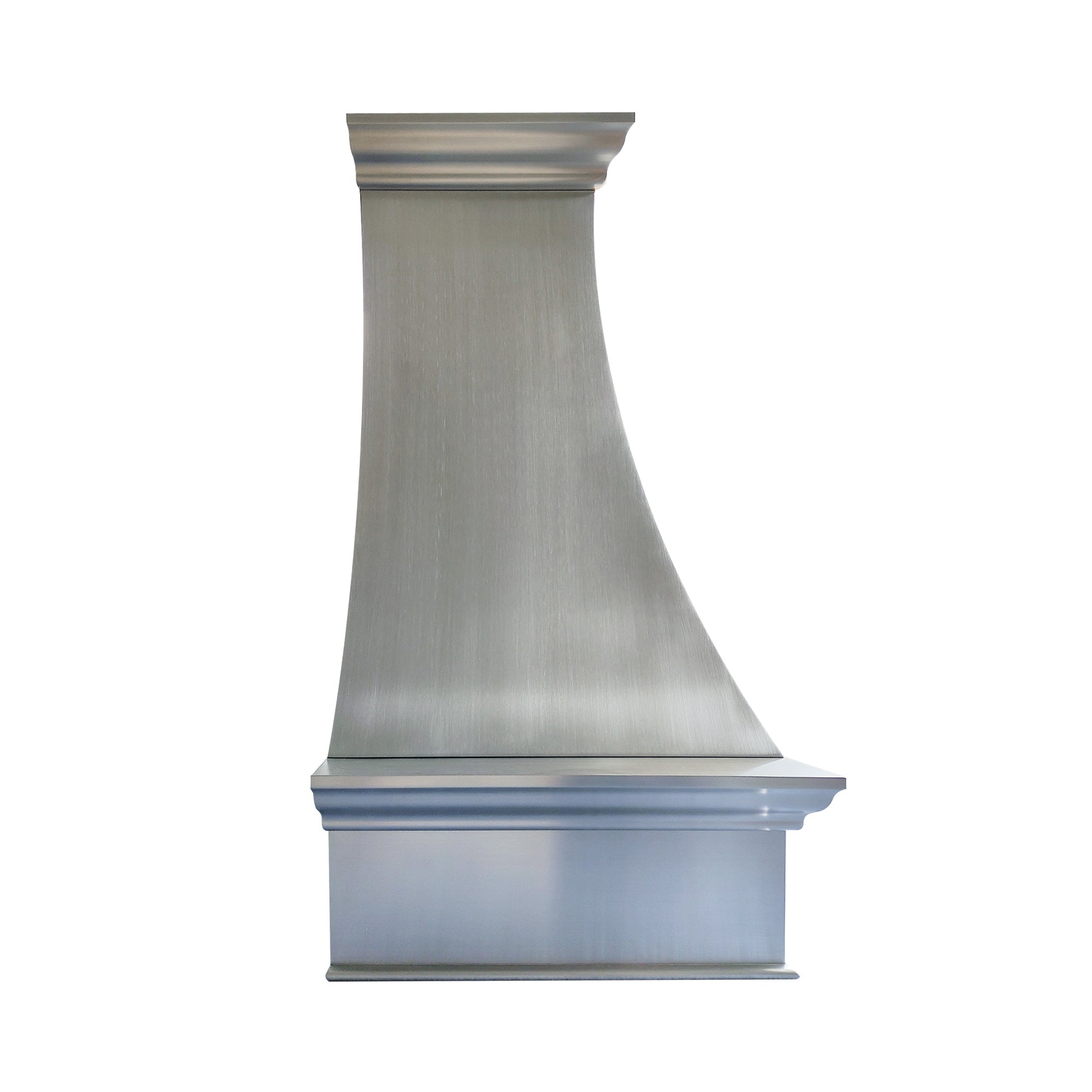 refined curved brushed stainless steel custom kitchen hood with vertical riveted straps, top and bottom crown molding and arched base for farmhouse transitional kitchen side view