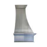refined curved brushed stainless steel custom kitchen hood with vertical riveted straps, top and bottom crown molding and arched base for farmhouse transitional kitchen side view
