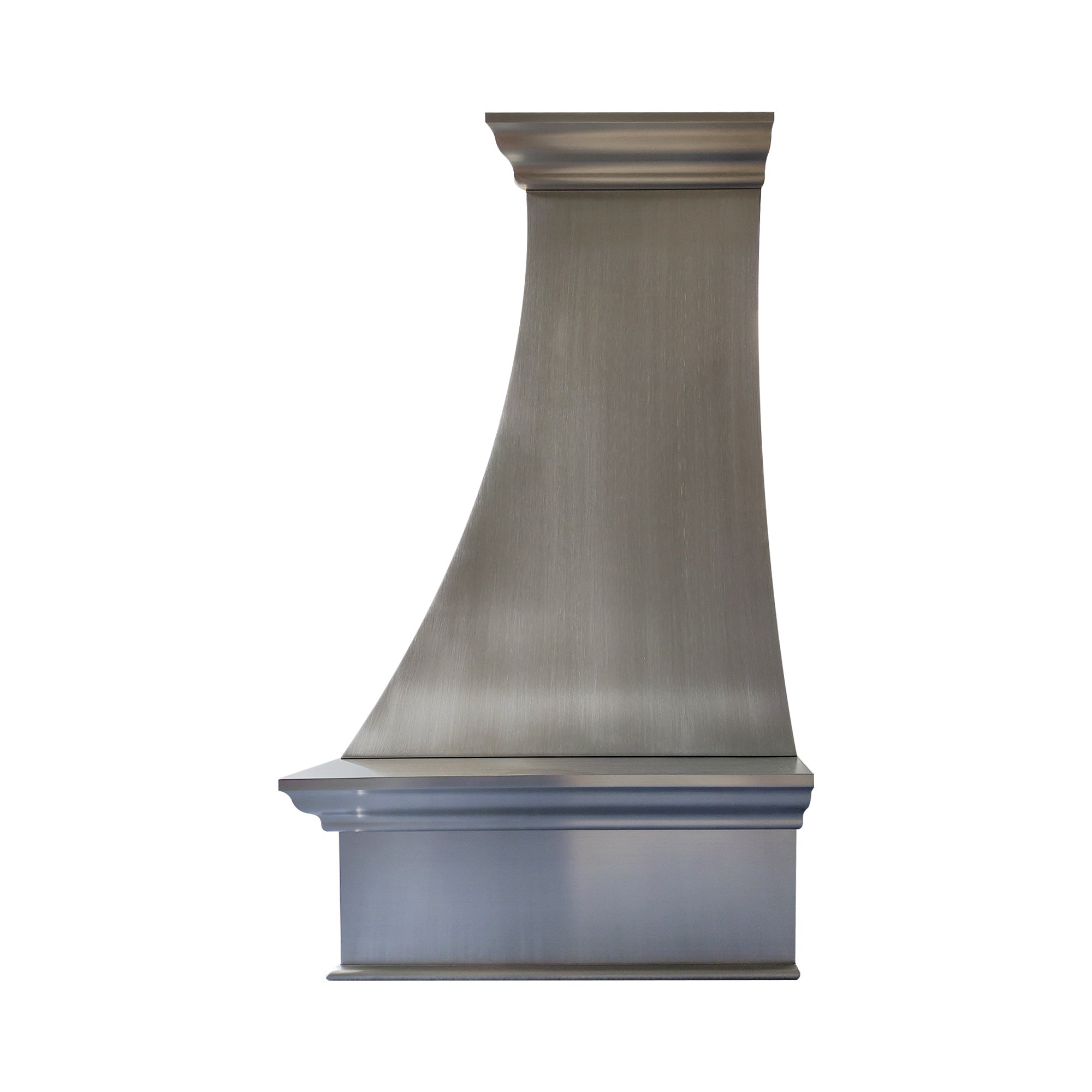 refined curved brushed stainless steel custom kitchen hood with vertical riveted straps, top and bottom crown molding and arched base for farmhouse transitional kitchen side view