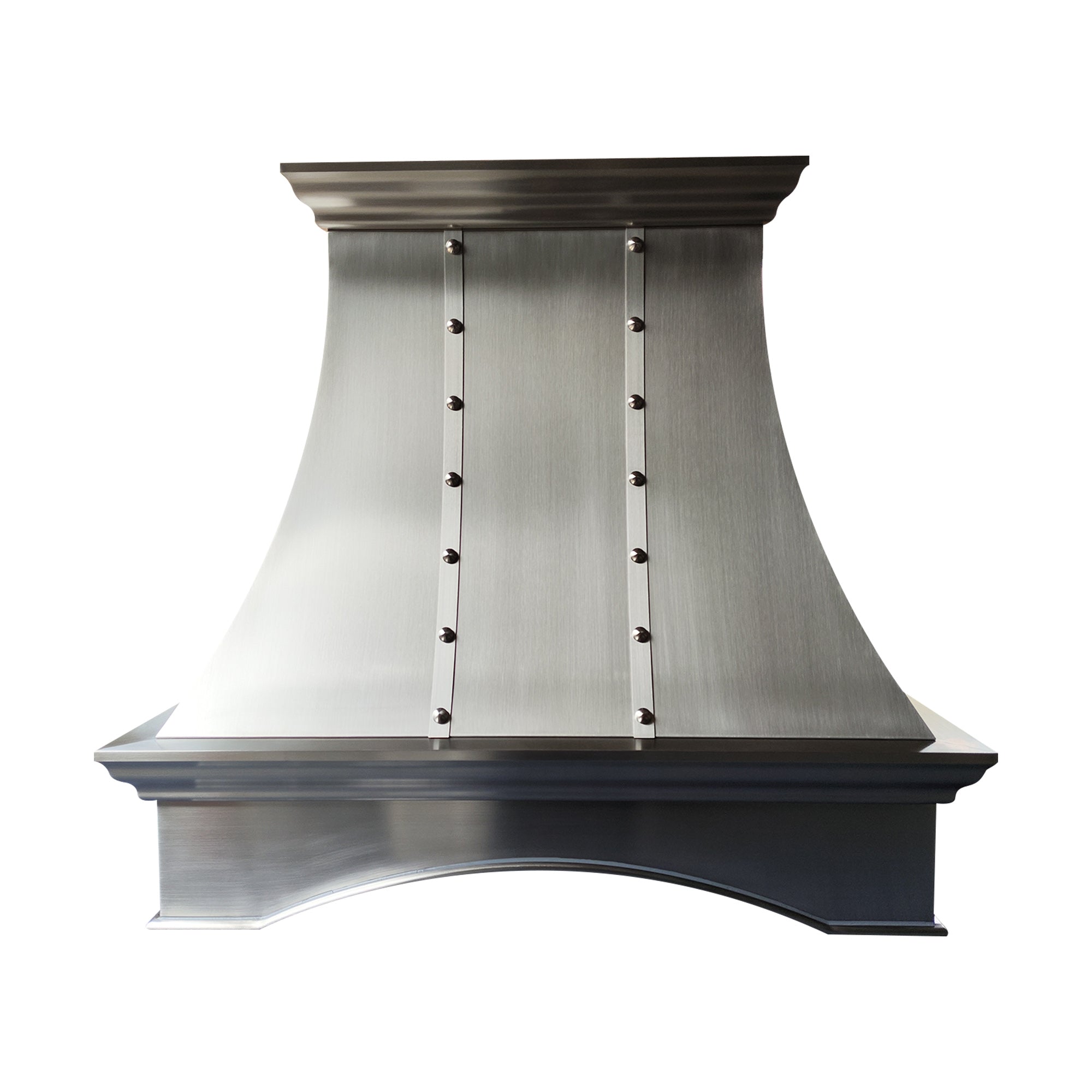 refined curved brushed stainless steel custom kitchen hood with vertical riveted straps, top and bottom crown molding and arched base for farmhouse transitional kitchen front view