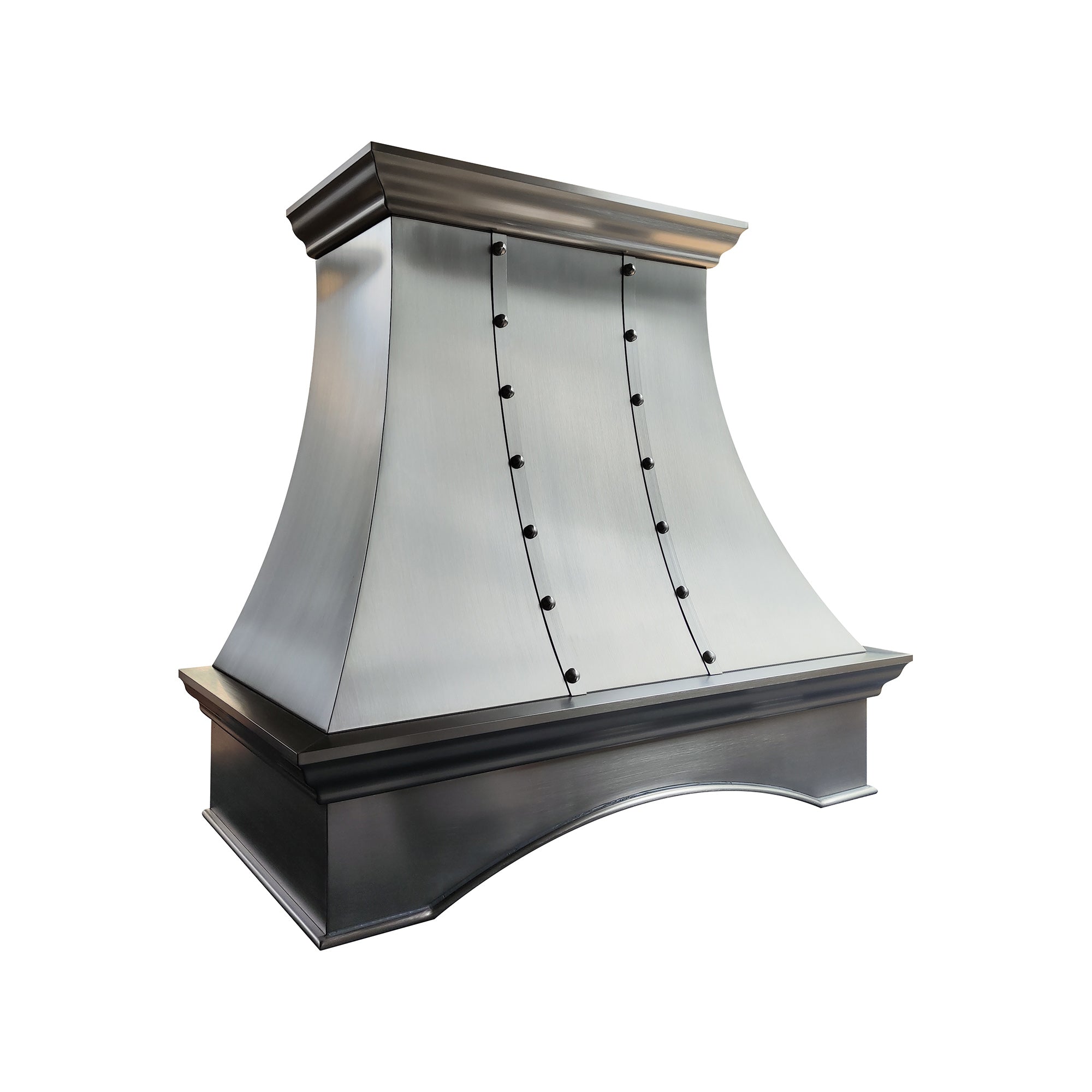 refined curved brushed stainless steel custom kitchen hood with vertical riveted straps, top and bottom crown molding and arched base for farmhouse transitional kitchen 
