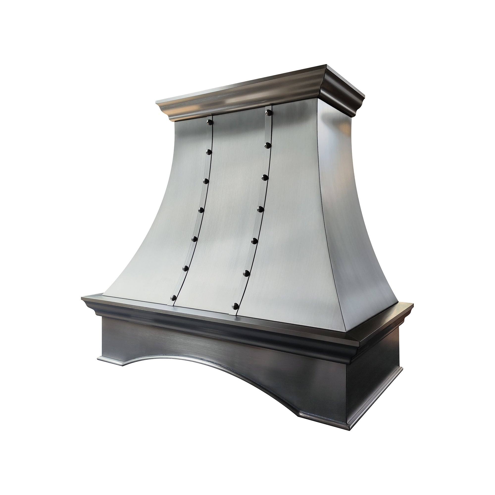 refined curved brushed stainless steel custom range hood with vertical riveted straps, top and bottom crown molding and arched base for farmhouse transitional kitchen front view