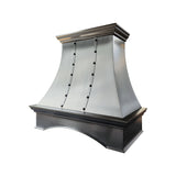 refined curved brushed stainless steel custom range hood with vertical riveted straps, top and bottom crown molding and arched base for farmhouse transitional kitchen front view