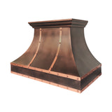 copper range hood with sleek curved design and decorative straps and rivets for farmhouse kitchens