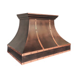 copper range hood with sleek curved design and decorative straps and rivets,suited for farmhouse range hood