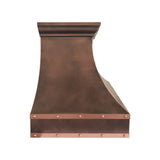 copper range hood with sleek curved design and decorative straps and rivets side view