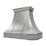 sleek curved stainless steel range hood with brushed finish and polished rivets