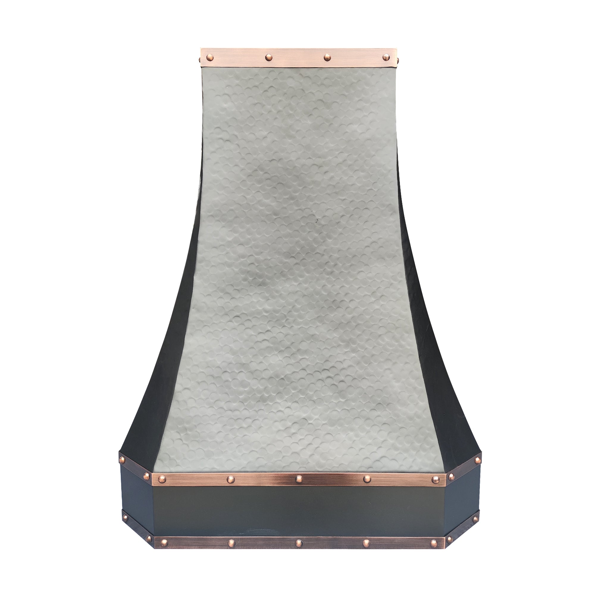 custom hammered copper tapered range hood with copper riveted trim, front view