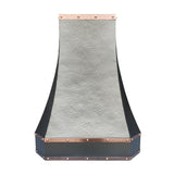 custom hammered copper tapered range hood with copper riveted trim, front view