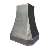 custom hammered copper tapered range hood with copper riveted trim, detailed view