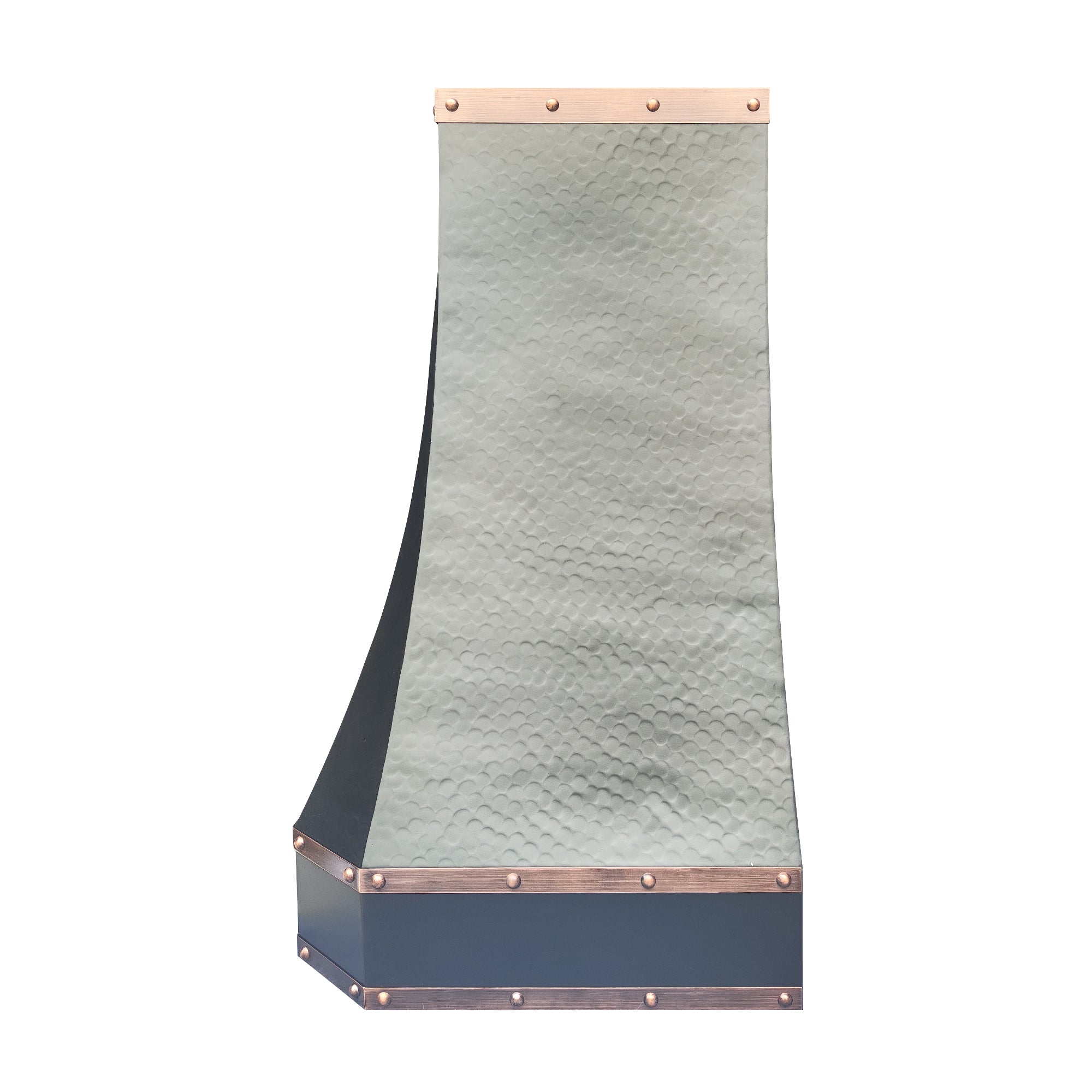 custom hammered copper tapered range hood with copper riveted trim, side view